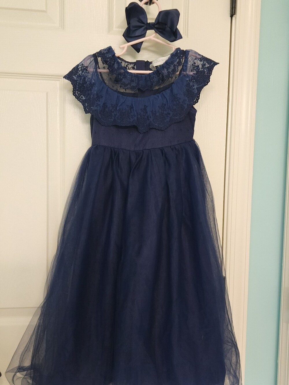 Trish Scully EUC Girls 4 Giovanna Gown Dress Navy Blue With Hair Bow Too